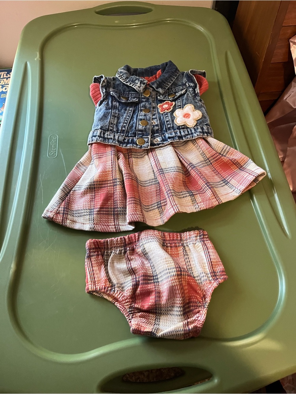Little Lass Denim Vest & Pink Plaid Dress Set